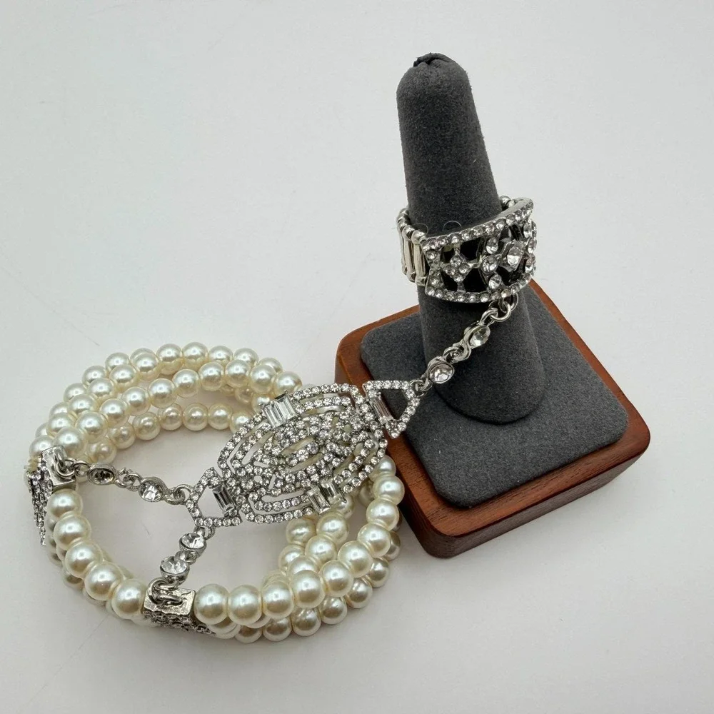 Vintage 50s Style Triple Row Faux Pearl Rhinestone Statement Bracelet Jewelry